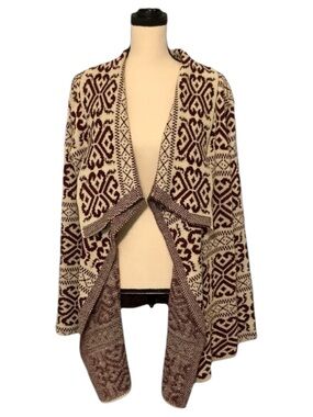 KATE Collection Burgundy Cream Marled Knit Long Cardigan Open Front Size Large